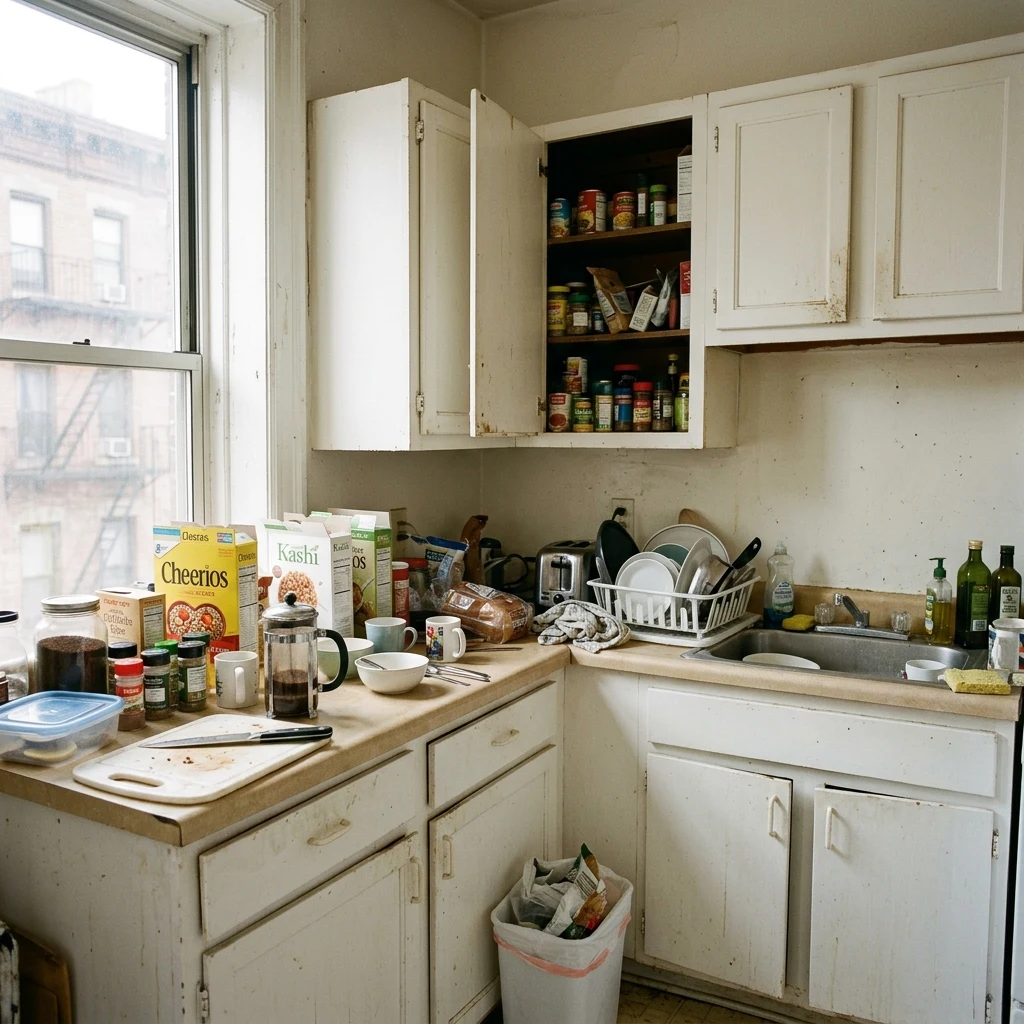 Before: Awkward messy kitchen corner cabinet visual clutter