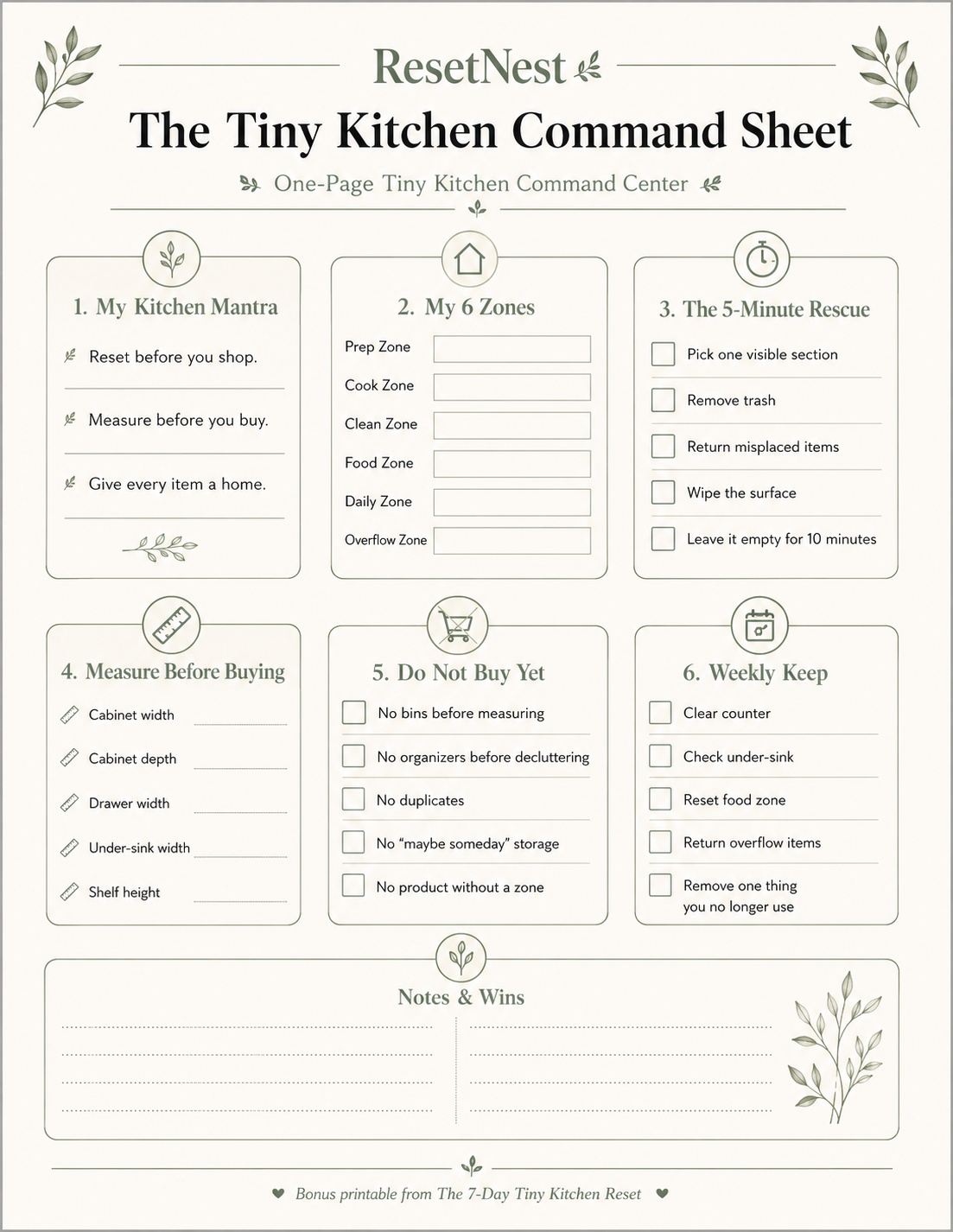 Tiny Kitchen Command Sheet printable zone mapper