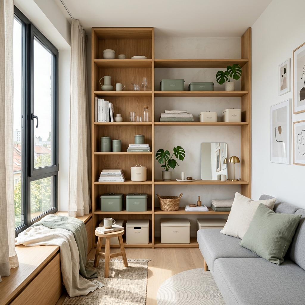 Vertical shelving and storage systems in tiny apartment